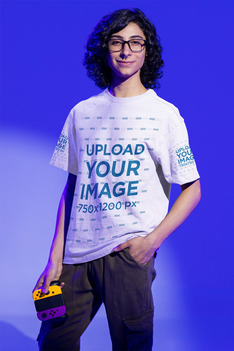 Mockup of a Young Gamer With a Nose Piercing Wearing an Oversized Tee