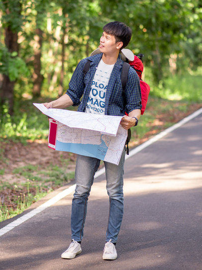 Heathered T-Shirt Mockup Featuring a Traveler Man Holding a Map m17119 r-el2