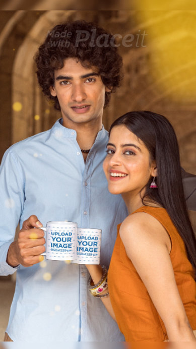 Video of a Man and a Woman Posing with a Coffee Mug by an Ancient Building