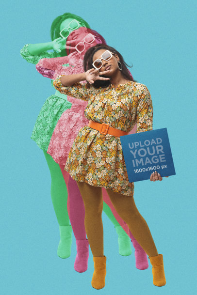 Mockup of a Woman Holding a Vinyl Record and Making a Peace Sign m26566