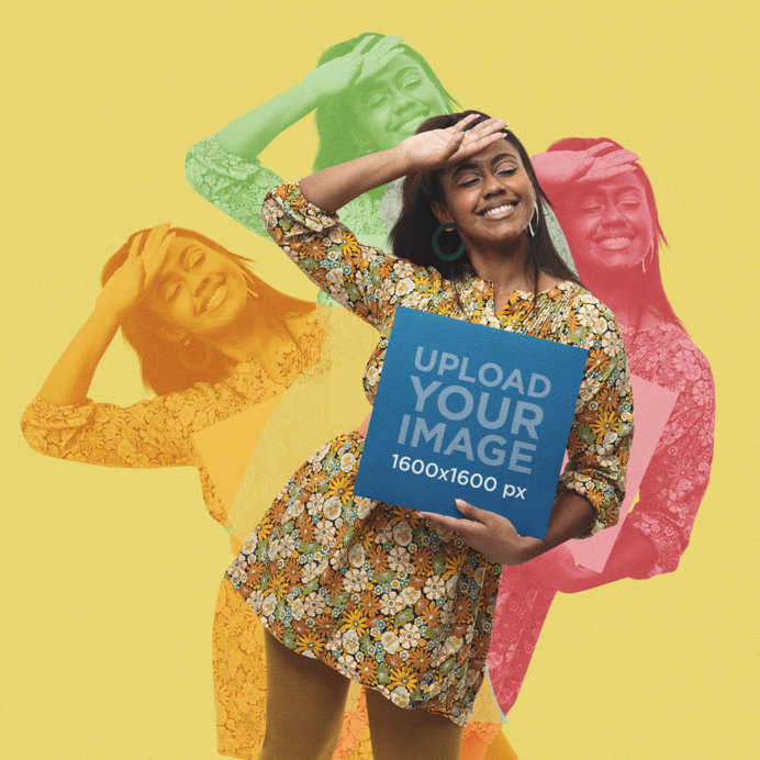 Mockup of a Happy Woman Showing a Vinyl with a 3D Effect