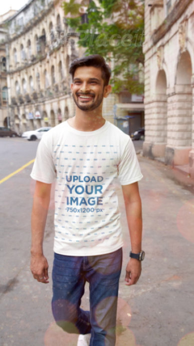 Video of a Man Walking with a Rounded-Neck T-Shirt