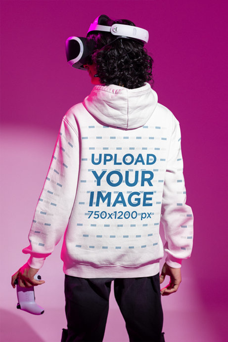 Back View Hoodie Mockup of a Young Gamer With a Video Game Controller