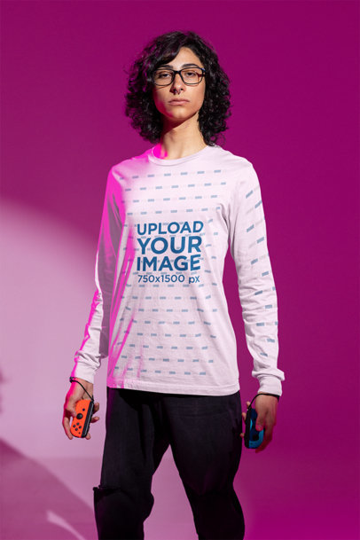 Mockup of a Man Wearing a Long Sleeve Tee and Using a Nintendo Switch Controller m28497
