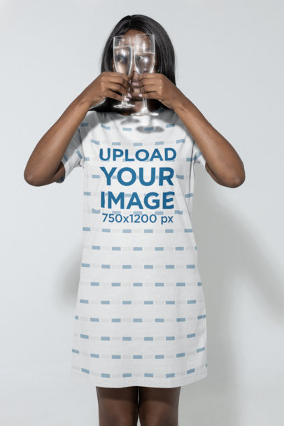 T-Shirt Dress Mockup of a Woman Looking Through Two Glasses
