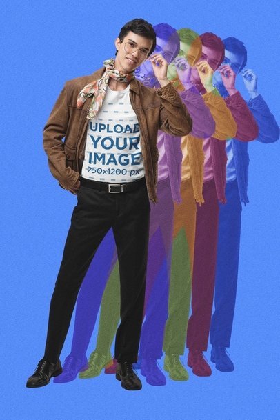 Retro Mockup of a Man Wearing a Tee and a 60s Outfit at a Studio