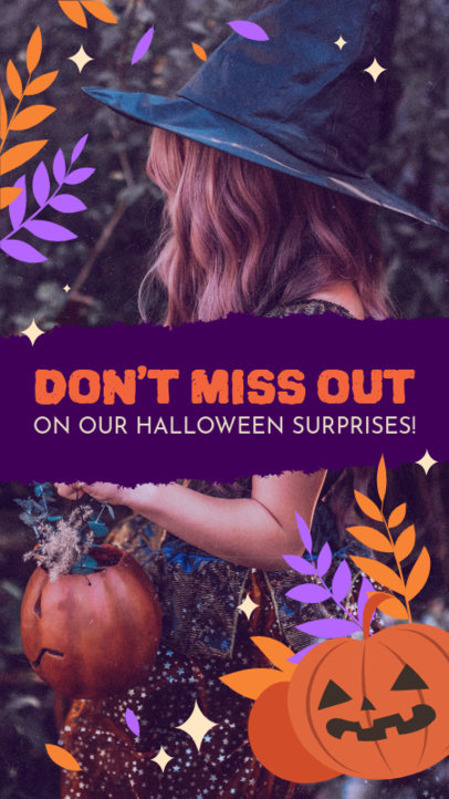 Halloween Instagram Story Template With a Child in a Witch Costume and a Jack-o-Lantern Graphic