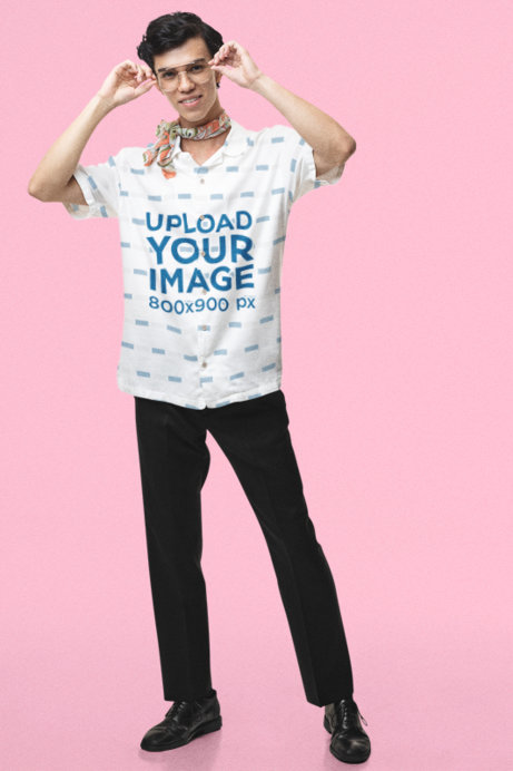 Groovy Mockup of a Smiling Man Wearing a Button-Up Shirt and a 60s Outfit