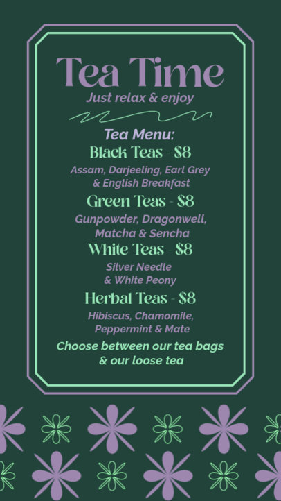 Tea Shop Menu Maker for Instagram Stories Featuring Flower Graphics