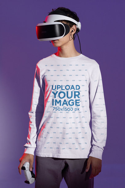 Mockup of a Man Using VR Equipment and a Long Sleeve T-Shirt m28458