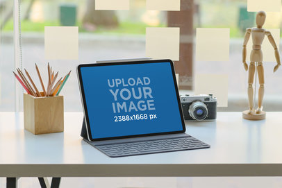 iPad Mockup Featuring a Modern Office with a Vintage Camera m14766 r-el2
