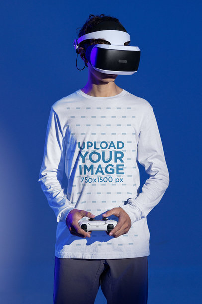 Long Sleeve Tee Mockup of a Gamer Playing Video Games