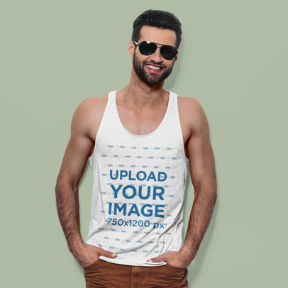 Heathered Tank Top Mockup Featuring a Smiling Man with Sunglasses