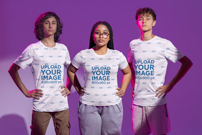 Sublimated Jersey Mockup of Three Friends Posing Boldly at a Studio
