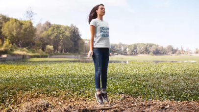 Pretty Girl Jumping Outdoors in Stop Motion Wearing a Tshirt a13520