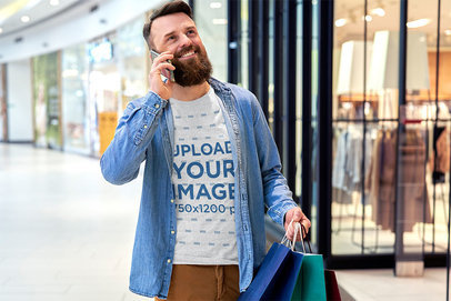 Heathered T-Shirt Mockup Featuring a Bearded Man Talking on the Phone and Carrying Bags m26479 r-el2