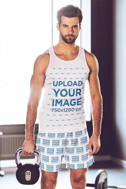 Heathered Tank Top and Shorts Mockup of an Athletic Man with a Kettlebell m18170 r-el2