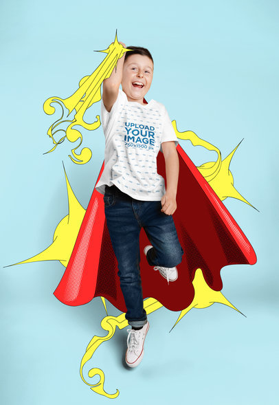 T-Shirt Mockup of a Joyful Kid with an Illustrated Hero Outfit Jumping in a Studio