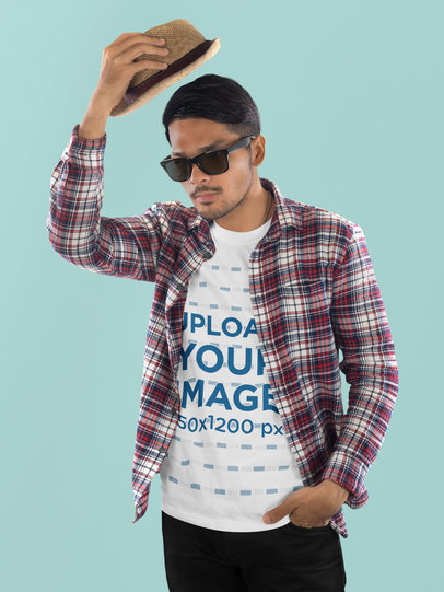 Round-Neck Tee Mockup Featuring a Man Wearing a Fedora Hat and Sunglasses m17952 r-el2