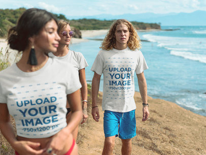 Group of Friends Walking by the Beach Wearing T-Shirts Mockup