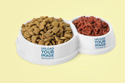 Mockup of a Dog Bowl with Pet Food Against a Solid-Color Backdrop
