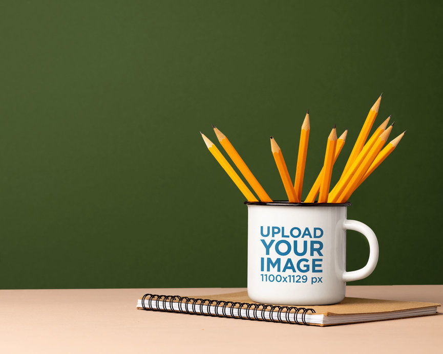 Mockup Featuring a Teacher's Enamel Coffee Mug Filled With Pencils