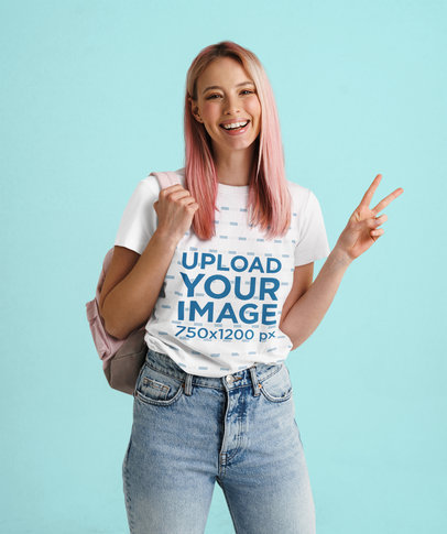 T-Shirt Mockup Featuring a Happy Woman Posing With a Peace Sign