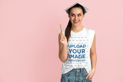 Sleeveless Tee Mockup of a Teacher with an Open Notebook over Her Head
