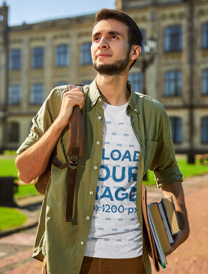 Heathered Round-Neck Tee Mockup of a College Teacher at Campus