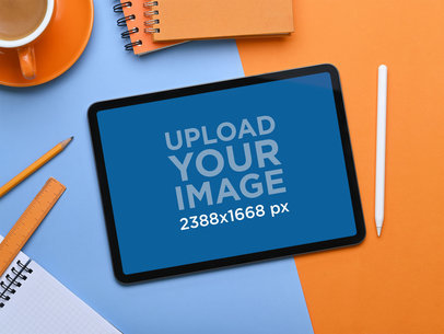 iPad Mockup Featuring Two Notebooks and a Cup of Coffee m22305 r-el2