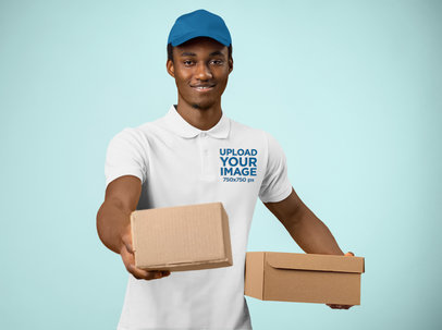 Polo Shirt Mockup Featuring a Man Delivering Two Boxes m27984 r-el2