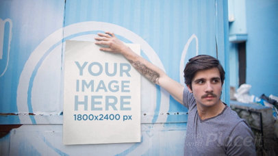 Hipster Young Man Holding a Poster in Stop Motion on a Foodtruck