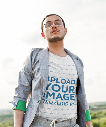 Heathered Round-Neck Tee Mockup of a Man with Glasses 