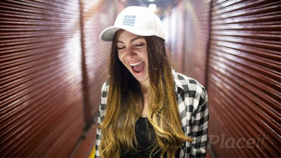 Young White Woman Wearing a Hat in Stop Motion While Having Fun in a Hallway