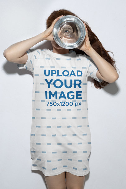 T-Shirt Dress Mockup of a Woman Holding a Glass Vase