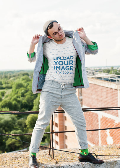 Heathered T-Shirt Mockup of a Stylish Man Posing at the Roof of a Building