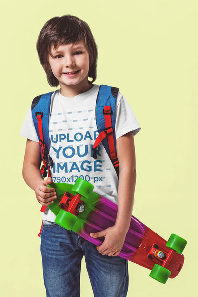 Round-Neck Tee Mockup Featuring a Boy with a Backpack and a Skateboard