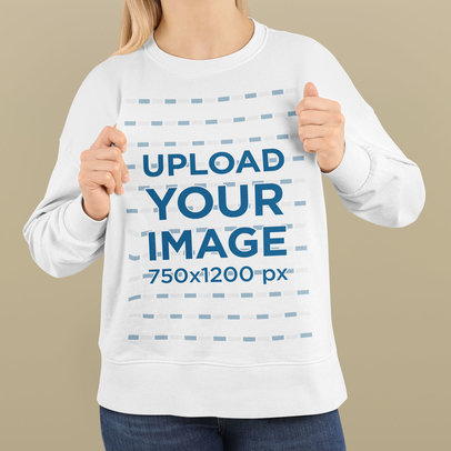 Mockup of a Woman Touching Her Sweatshirt