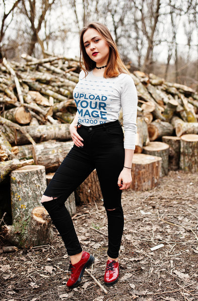 Long Sleeve T-Shirt Mockup Featuring a Serious Woman Posing by the Woods m28605 r-el2