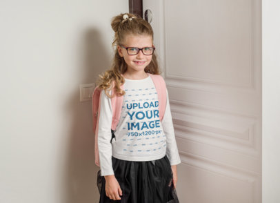 Long Sleeve Tee Mockup Featuring a Smiling Girl Carrying a Backpack