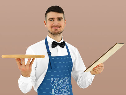 Apron Mockup Featuring a Happy Waiter Man