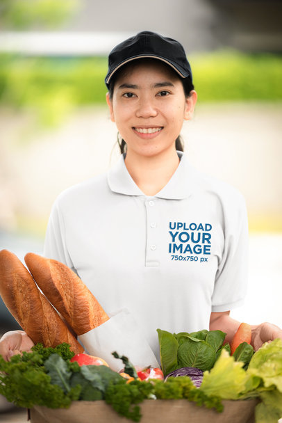 Polo Shirt Mockup Featuring a Smiling Woman Holding a Basket Full of Food m16496 r-el2