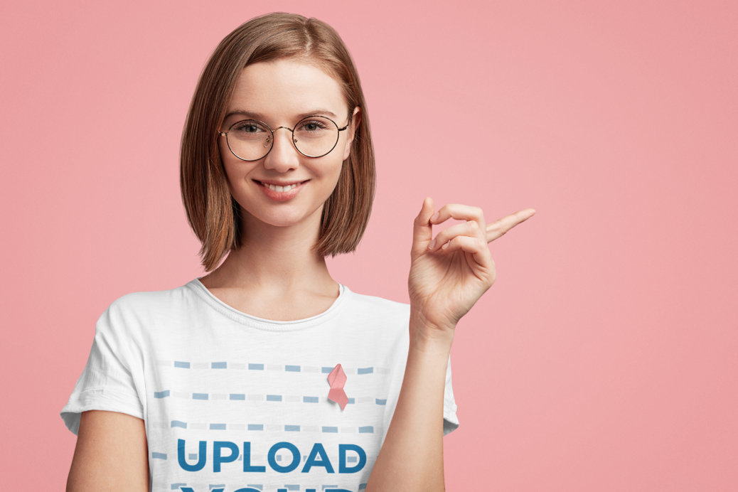 Tee Mockup of a Woman with Glasses Wearing a Cancer Awareness-Supportive Ribbon