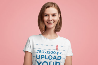 Tee Mockup of a Happy Woman Wearing a Pink Ribbon for Cancer Awareness Month