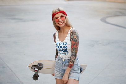 Tank Top Mockup of a Woman with Arm Tattoos Holding a Skateboard