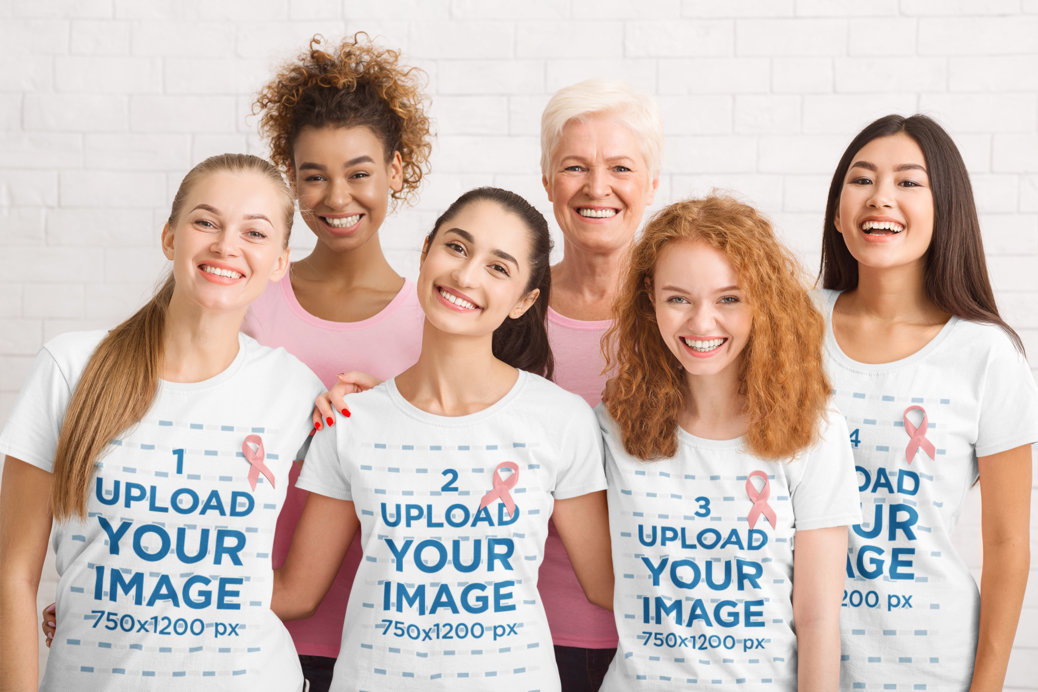 T-Shirt Mockup Featuring Smiling Women for a Breast Cancer Awareness Campaign