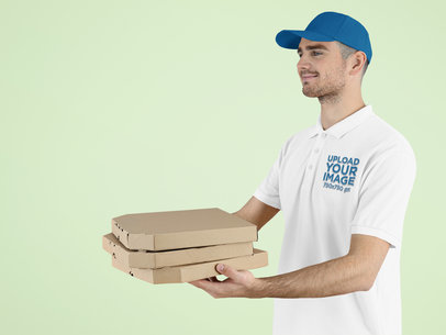 Embroidered Polo Shirt Mockup of a Delivery Man Holding Three Pizza Boxes