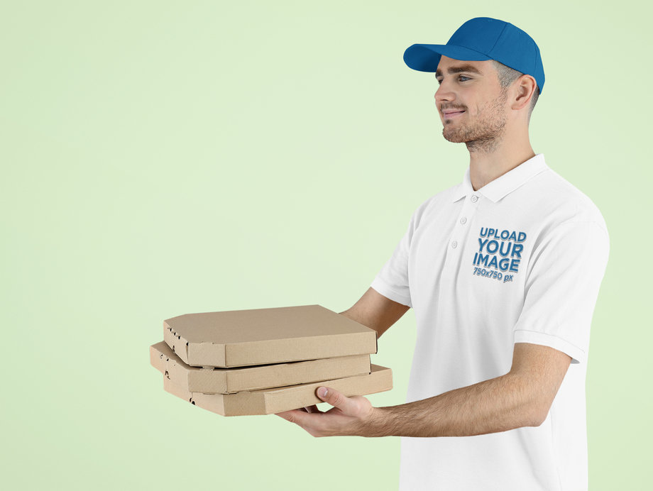 Embroidered Polo Shirt Mockup of a Delivery Man Holding Three Pizza Boxes