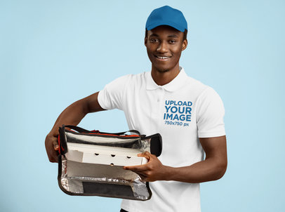 Polo Shirt Mockup of a Smiling Man Delivering a Pizza Box m29275 r-el2
