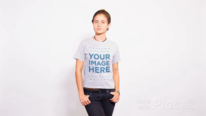 Woman Wearing a Round Neck Tshirt Stop Motion Standing Against a White Background